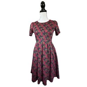 Lularoe Amelia Dress Black w/ Red Roses Pockets Retro Pin-Up Rockabilly Small